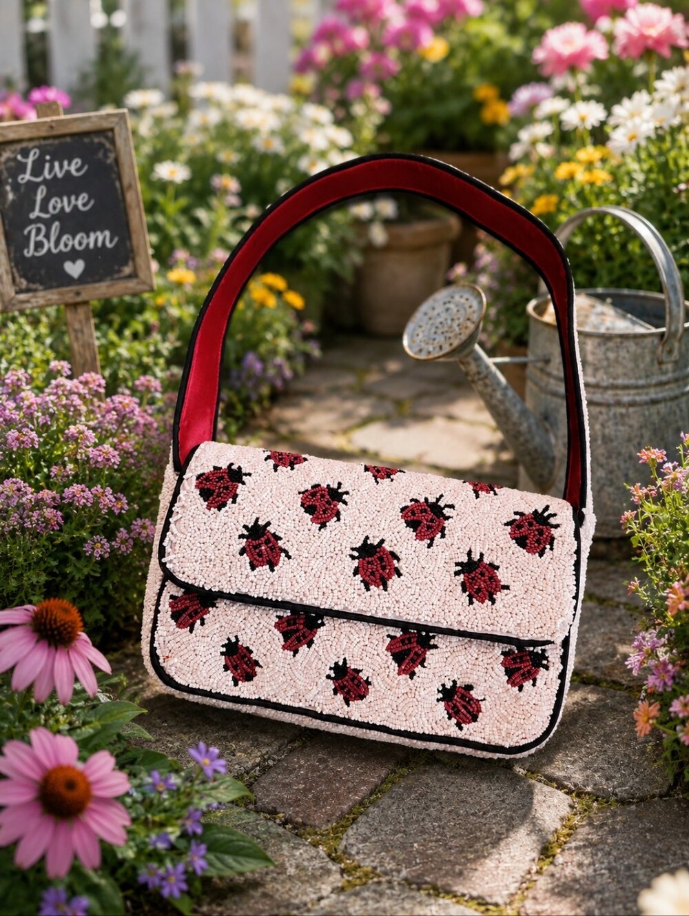 Handcrafed In Indial Viral Tik Tok Beaded Ladybug Shoulder Bag - Red/Pink NWT
